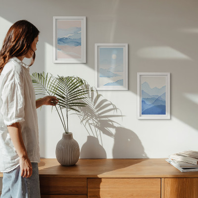 3-piece wall art set Blue and pink mountain landscapes in watercolor