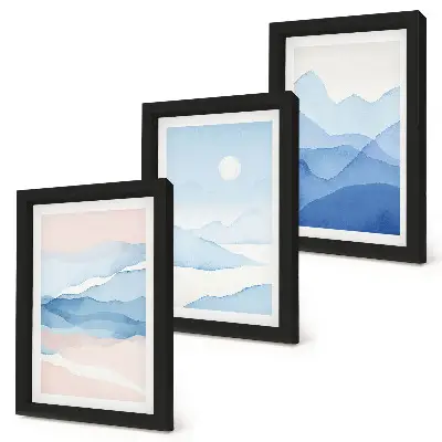 3-piece watercolor mountain landscape wall art set in blue and pink