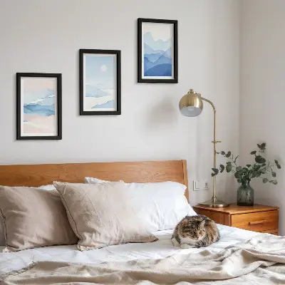 3-piece watercolor mountain landscape wall art set in blue and pink