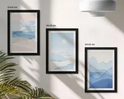 3-piece watercolor mountain landscape wall art set in blue and pink