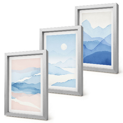 3-piece wall art set Blue and pink mountain landscapes in watercolor