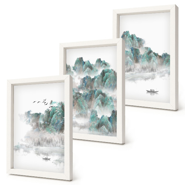 Framed triptych Mountains in the clouds with birds and a boat on the water japandi