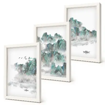 Framed triptych mountains in the clouds with birds and a boat on the water japandi style