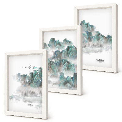 Framed triptych Mountains in the clouds with birds and a boat on the water japandi