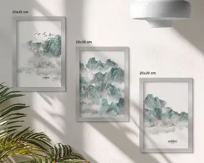 Framed triptych mountains in the clouds with birds and a boat on the water japandi style