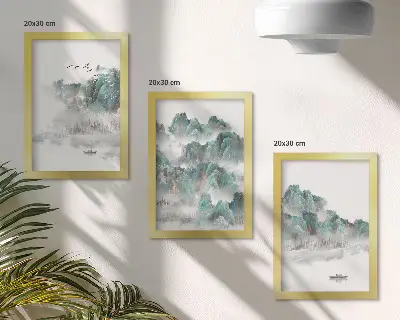 Framed triptych mountains in the clouds with birds and a boat on the water japandi style