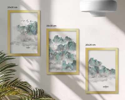 Framed triptych Mountains in the clouds with birds and a boat on the water japandi