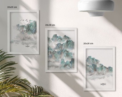 Framed triptych Mountains in the clouds with birds and a boat on the water japandi