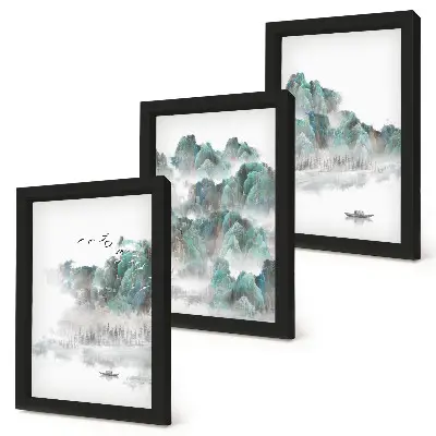 Framed triptych mountains in the clouds with birds and a boat on the water japandi style
