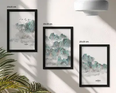 Framed triptych mountains in the clouds with birds and a boat on the water japandi style