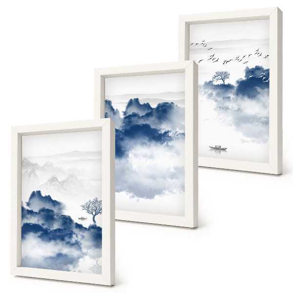 3-piece wall art set Cloud mountains with trees and birds in the background