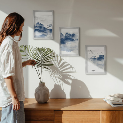 3-piece wall art set Cloud mountains with trees and birds in the background