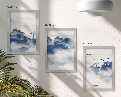 3-piece wall art set Cloud mountains with trees and birds in the background