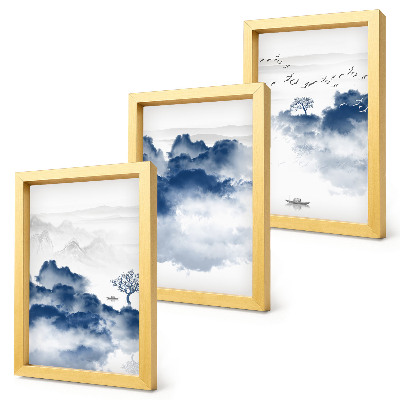 3-piece wall art set Cloud mountains with trees and birds in the background