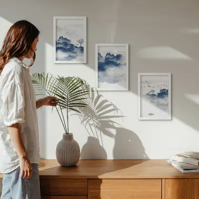 3-piece wall art set featuring cloud mountains with trees and birds in the background