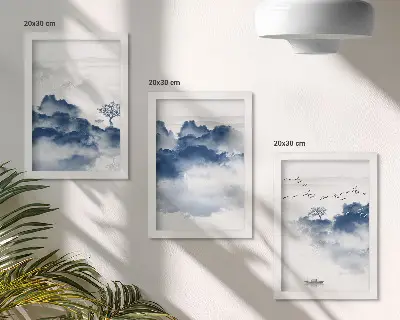 3-piece wall art set featuring cloud mountains with trees and birds in the background
