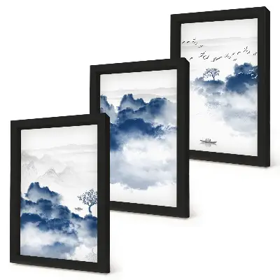 3-piece wall art set featuring cloud mountains with trees and birds in the background