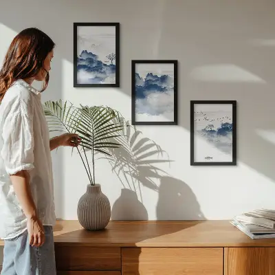 3-piece wall art set featuring cloud mountains with trees and birds in the background