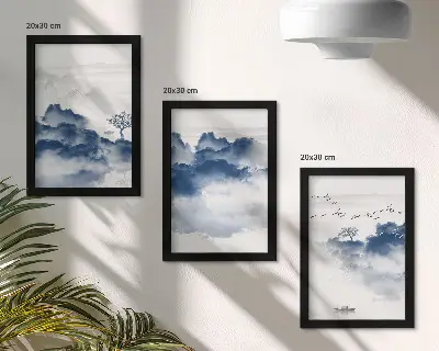 3-piece wall art set featuring cloud mountains with trees and birds in the background