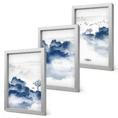 3-piece wall art set featuring cloud mountains with trees and birds in the background