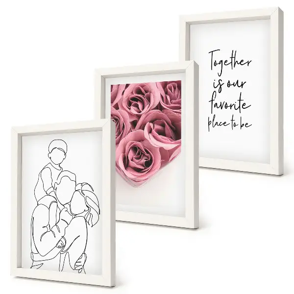 Framed triptych rose bouquet line art with personalized family inscription