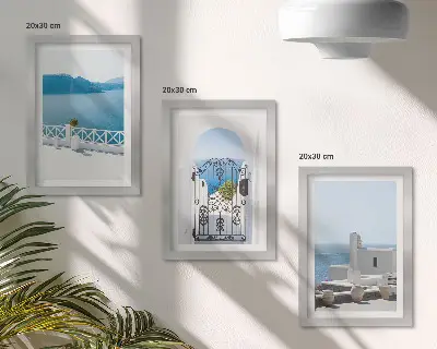 3-piece wall art set featuring sea views with white buildings in Greece