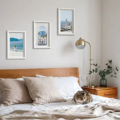 3-piece wall art set featuring sea views with white buildings in Greece