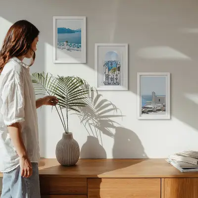3-piece wall art set featuring sea views with white buildings in Greece