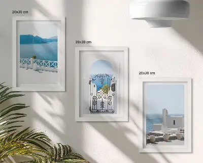 3-piece wall art set featuring sea views with white buildings in Greece