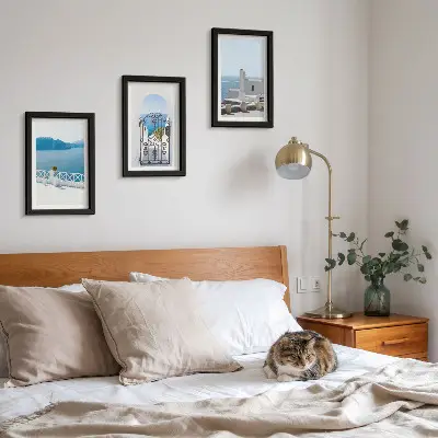 3-piece wall art set featuring sea views with white buildings in Greece