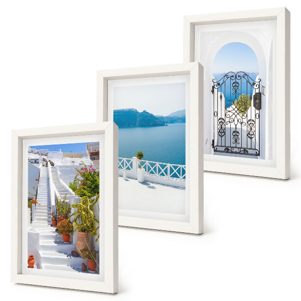 Framed triptych White stairs with plants, sea view and gate
