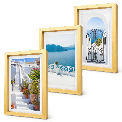 Framed triptych White stairs with plants, sea view and gate