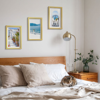 Framed triptych White stairs with plants, sea view and gate