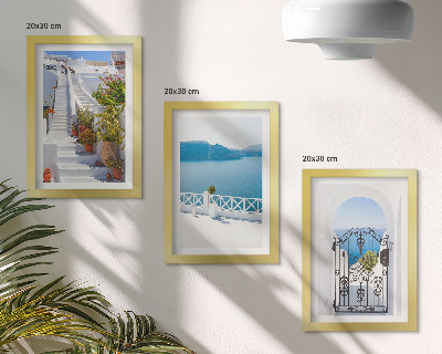 Framed triptych White stairs with plants, sea view and gate