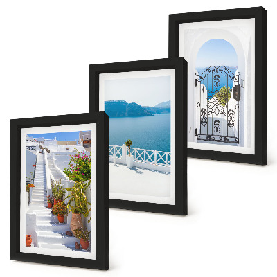 Framed triptych White stairs with plants, sea view and gate