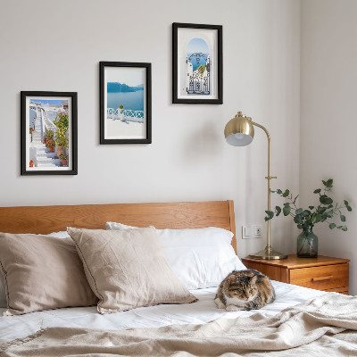 Framed triptych White stairs with plants, sea view and gate