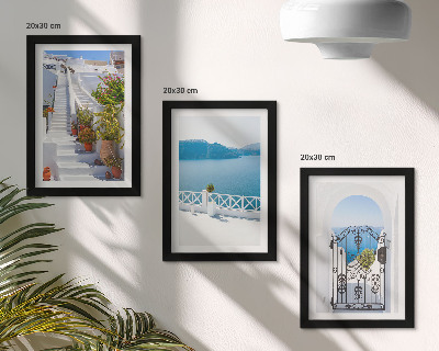 Framed triptych White stairs with plants, sea view and gate