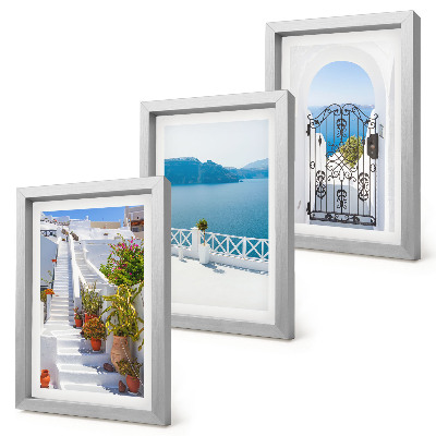 Framed triptych White stairs with plants, sea view and gate