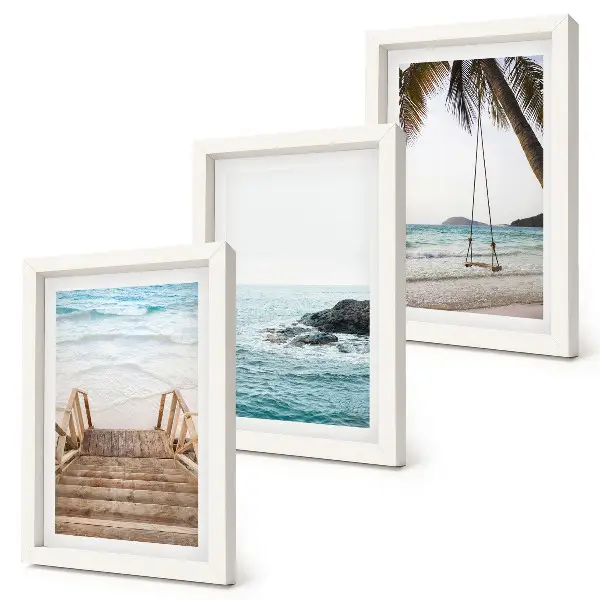 3-piece wall art set stairs to the beach with sea view and palm tree swing
