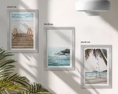 3-piece wall art set stairs to the beach with sea view and palm tree swing