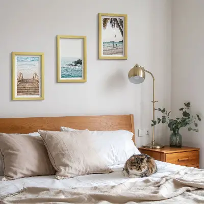 3-piece wall art set stairs to the beach with sea view and palm tree swing