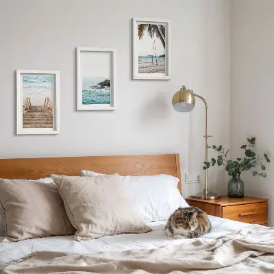 3-piece wall art set stairs to the beach with sea view and palm tree swing