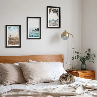 3-piece wall art set stairs to the beach with sea view and palm tree swing