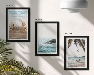 3-piece wall art set stairs to the beach with sea view and palm tree swing