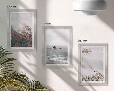 Framed triptych Mountains, clouds, sea and sand in natural shades