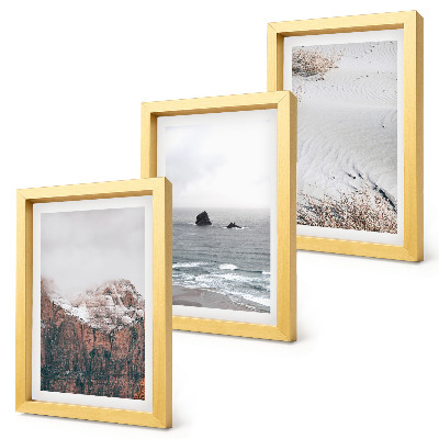 Framed triptych Mountains, clouds, sea and sand in natural shades