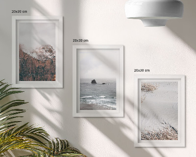 Framed triptych Mountains, clouds, sea and sand in natural shades