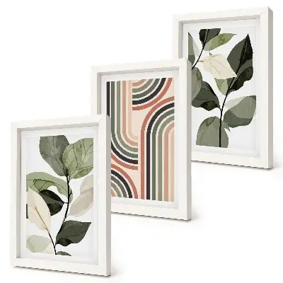 3-piece wall art set featuring plant motifs and geometric patterns in shades of green