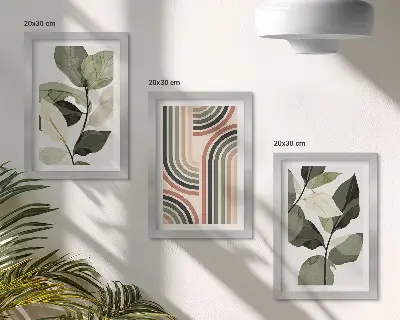 3-piece wall art set featuring plant motifs and geometric patterns in shades of green
