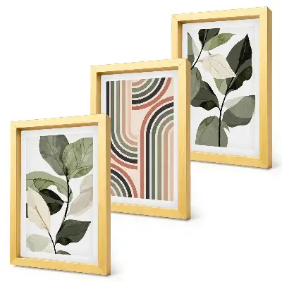 3-piece wall art set featuring plant motifs and geometric patterns in shades of green